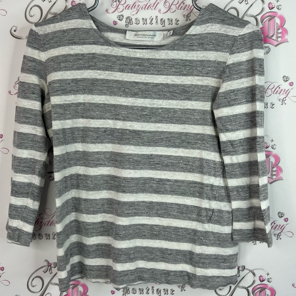 Contemporaine shirt long sleeve white Gray Striped Long Sleeve Tee stripes